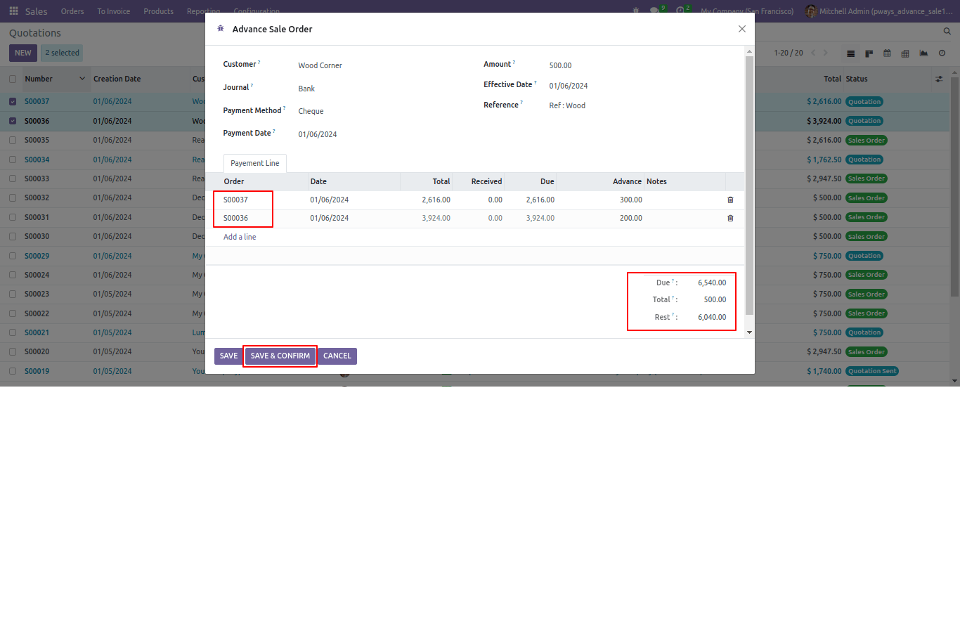  Advance payment amount deducted upon invoicing for the respective sale order